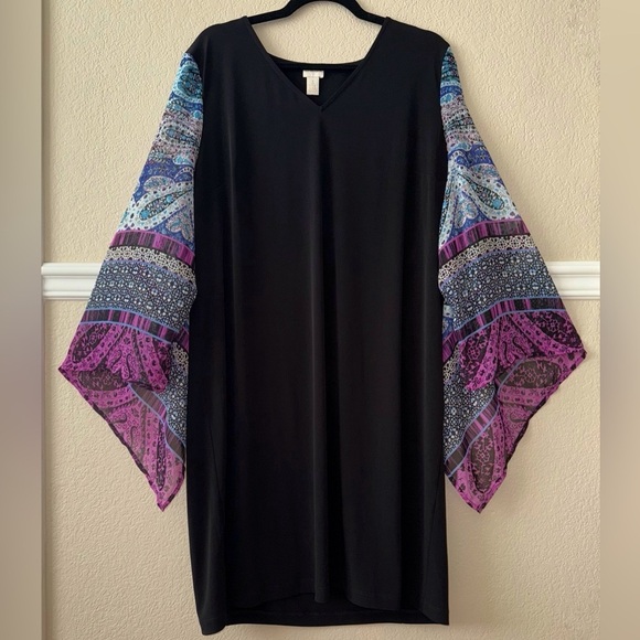 Chico’s Boho Flowy Sleeve Mixed Media Black Knee Length Dress Size XL - Picture 1 of 12